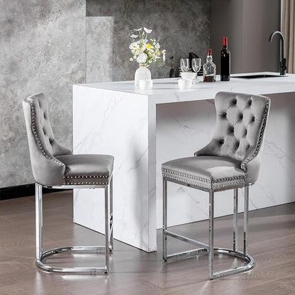 26" Counter Height Bar Stools Set of 2, Modern Velvet Barstools with Button Back&Rivet Trim Upholstered Kitchen Island Chairs with Sturdy Chromed Metal Base Legs,for Living Room