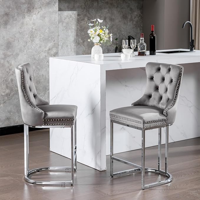 26" Counter Height Bar Stools Set of 2, Modern Velvet Barstools with Button Back&Rivet Trim Upholstered Kitchen Island Chairs with Sturdy Chromed Metal Base Legs