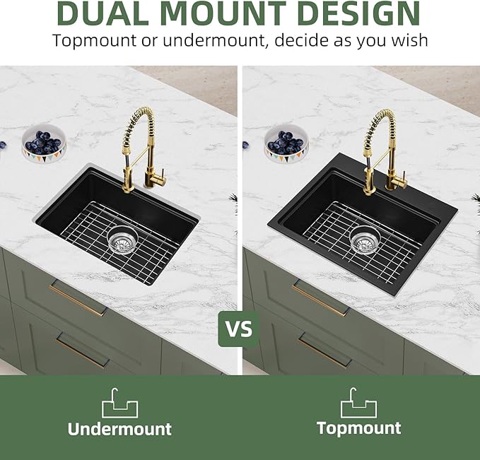 Davivy 22 Inch Granite Kitchen Sink Workstation, 22 x 19 Black Drop In/Undermount Kitchen Sink, Deep Quartz Composite Single Bowl Basin with Accessories