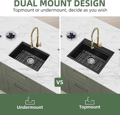 Davivy 22 Inch Granite Kitchen Sink Workstation, 22 x 19 Black Drop In/Undermount Kitchen Sink, Deep Quartz Composite Single Bowl Basin with Accessories