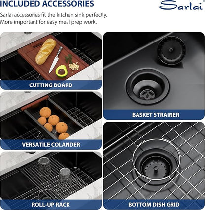 Sarlai 33 Matte Black Undermount Kitchen Sink Workstation - 33x19 Inch Kitchen Sinks with Ledge NANO-Tech Round Corner 16 Gauge Stainless Steel Single Bowl Sink Basin
