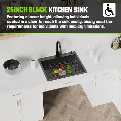 Black Kitchen Sink, 25x22x6 Inch Low Height Design Single Bowl Stainless Steel Drop In Kitchen Sink Come With Accessories Ensure Individuals With Limited Mobility Easily Accessing And Using
