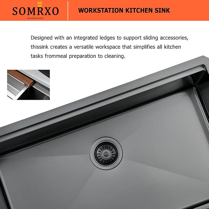 36x19 Black Undermount Kitchen Sink - 16 Gauge Stainless Steel Black Kitchen Sink Undermount 36 Inch,10 Inch Deep Single Bowl Workstation Sinks Includes Cutting Board & Colander