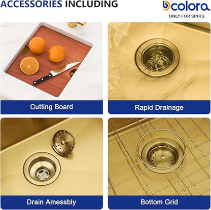 Dcolora 13"x15 Gold Small Bar Sink, Heavy Duty 16 Gauge 304 Stainless Steel, Cover Board for Saving Space, Udnermount Installation Fit for Small Kitchen,Bar, RV, #DC-U2533005GW