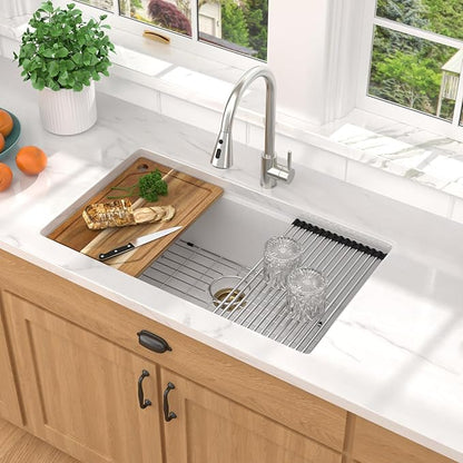 30 Inch Granite Composite Kitchen Sink - 30"x19" White Undermount Granite Kitchen Sink, Classic Quartz Single Bowl Workstation All-In One Sinks Basin for Modern Kitchens #TLGU-105