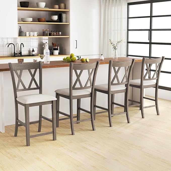 Giantex Wood Bar Stools Set of 2, 24" Counter Height Bar Stools w/Cross Back & Linen Fabric Upholstered Seat, Modern Farmhouse Wooden Barstools for Kitchen Island, Home Bar, Dining Room, Grey & White