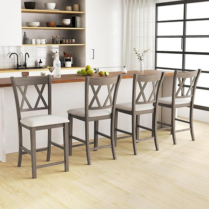 Giantex Wood Bar Stools Set of 2, 24" Counter Height Bar Stools w/Cross Back & Linen Fabric Upholstered Seat, Modern Farmhouse Wooden Barstools for Kitchen Island, Home Bar, Dining Room, Grey & White
