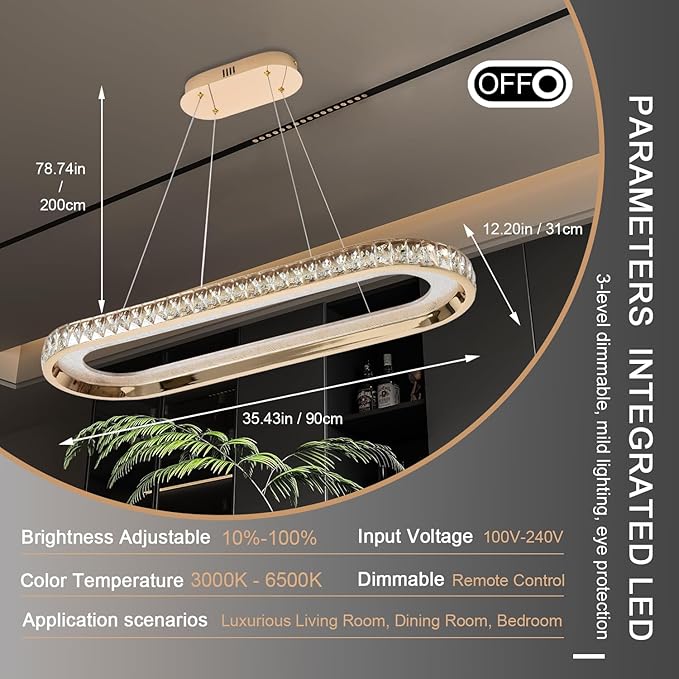 Gold Modern Chandelier Led Crystal Chandelier Light Fixture Dimmable Modern Led Pendant Light for Kitchen Island Lighting Linear Chandelier with Remote 3000K-6500K