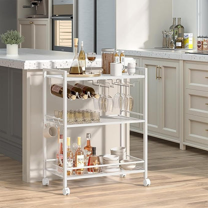 Joaxswe Bar Cart, Home Bar Serving Cart with 3-Tier Shelf,Microwave Cart with Lockable Wheels,Mobile Kitchen Shelf,Rolling Beverage Cart with Wine Rack and Glass Holder for Kitchen,Dinning Room,White