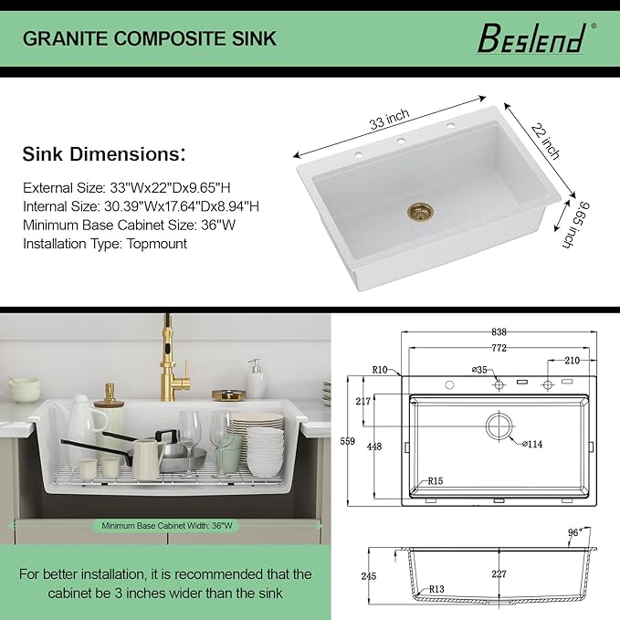 33 Granite Composite Kitchen Sink - Beslend 33x22 Drop In White Kitchen Sink with High Pressure Glass Rinser, Granite Composite Worksation White Sinks Easy Clean Quartz Basin for Kitchen Remodel