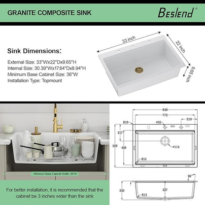 33 Granite Composite Kitchen Sink - Beslend 33x22 Drop In White Kitchen Sink with High Pressure Glass Rinser, Granite Composite Worksation White Sinks Easy Clean Quartz Basin for Kitchen Remodel