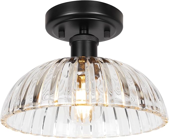 JYZ Semi Flush Mount Ceiling Light, Black Ceiling Light Fixture with Ribbed Glass Shade, Vintage Light fixtures for Hallway, Entryway, Bathroom, Kitchen, Bedroom