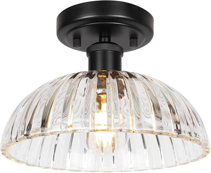 JYZ Semi Flush Mount Ceiling Light, Black Ceiling Light Fixture with Ribbed Glass Shade, Vintage Light fixtures for Hallway, Entryway, Bathroom, Kitchen, Bedroom