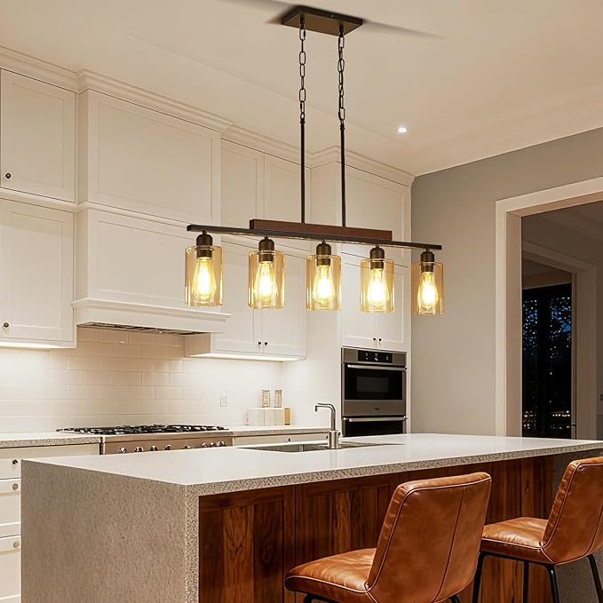 Farmhouse Dining Room Light Fixture: Modern 5-Light Kitchen Island Hanging Lighting with Glass Shade, Matte Black Industrial Linear Chandelier Over Table