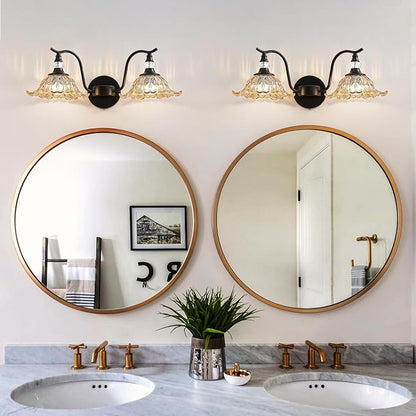 Vintage Bathroom Vanity Light Fixtures - 2 Light Antique Matte Black Bathroom Lights Fixture Over Mirror with Amber Flower Glass,Retro High End Wall-Mounted Vanity Lighting for Bath Powder Room