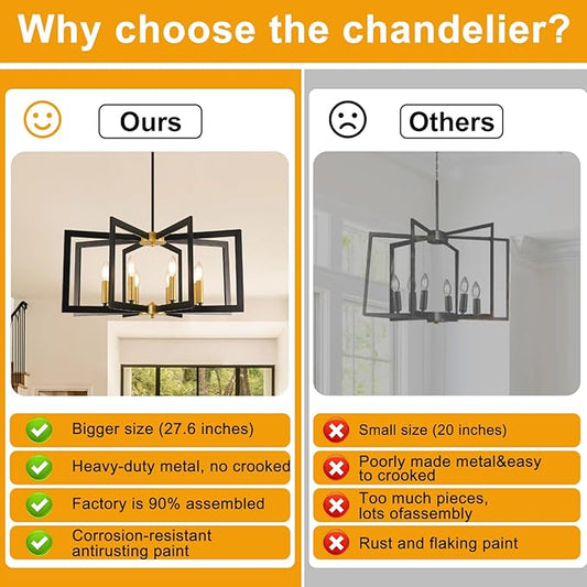 27.6" Modern Chandelier, 8-Light Geometric Dining Room Light Fixture Over Table, Farmhouse Kitchen Island Lighting, Industrial Black and Gold Hanging Pendant Lights for Foyer, Hallway, Entryway