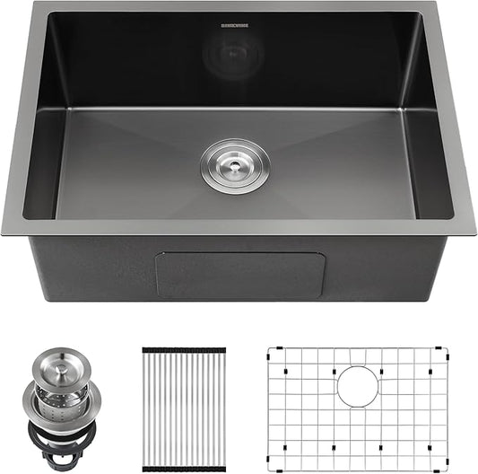 Black Kitchen Sink Undermount 25 x 18 inch, SINKVINE PVD Nano Stainless Steel Outdoor Sink, Single Bowl Laundry Basin with 3.5" Drain Strainer, Bottom Grid Protector, Roll-up Drying Rack, Dark Grey