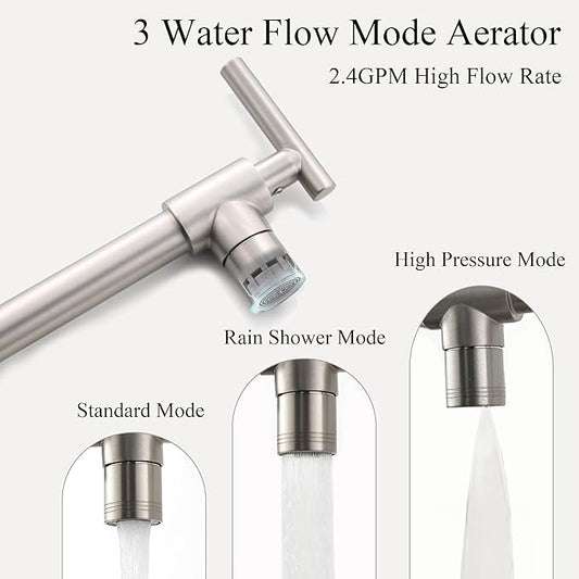 Pot Filler Faucets - for Kitchen, Sink, Stove and Bar with Brass Wall Mount Double Joint Swing Arms - Leak Free Designs with High-Flow Aerators - Retractable and Folding Save Space - Brushed Nickel