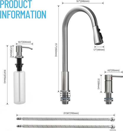 3 Hole Kitchen Faucets, Brushed Nickel Kitchen Faucet with Soap Dispenser, Kitchen Faucets with Pull Down Sprayer and Single Side Handle 3 Pieces, Stainless Steel High Arc Kitchen Sink Faucet