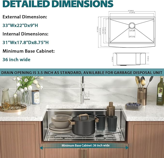 33 Farmhouse Kitchen Sink - 33x22 Inch Apron Front Farm Workstation Sink 16 Gauge Stainless Steel Single Bowl Deep Basin with Sliding Accessories