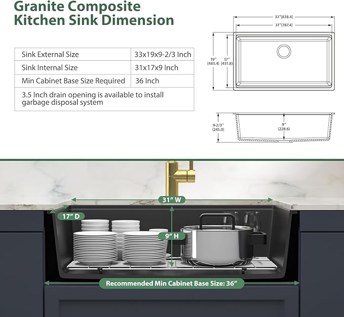 33 Inch Black Granite Composite Undermount Kitchen Sink Workstation - Couoko Matte Black Quartz Single Bowl Kitchen Sink Under Counter Large Deep Classic Sinks with Luxury Accessories, 33"x19"x10"