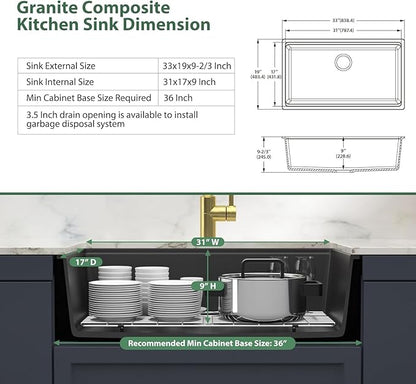 33 Inch Black Granite Composite Undermount Kitchen Sink Workstation - Couoko Matte Black Quartz Single Bowl Kitchen Sink Under Counter Large Deep Classic Sinks with Luxury Accessories, 33"x19"x10"