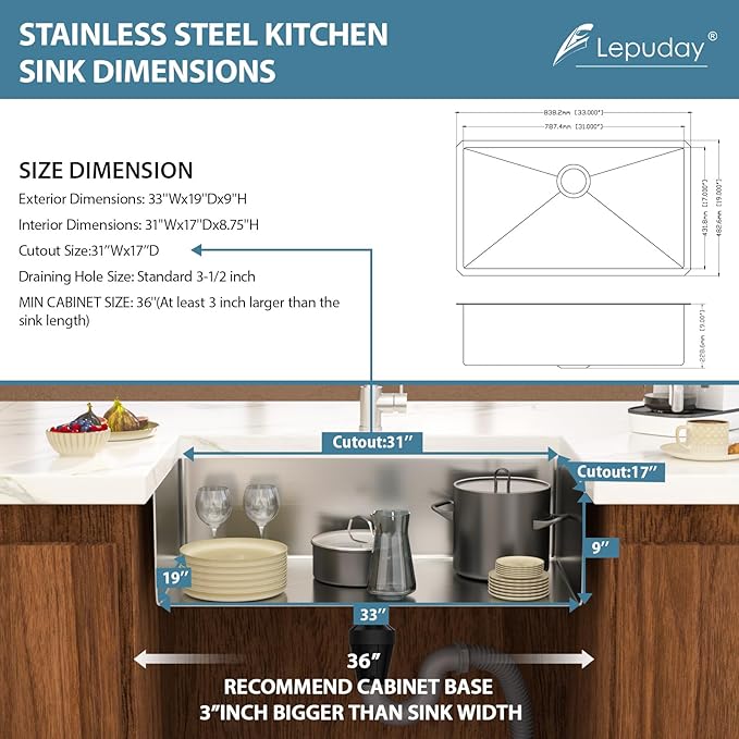 33 Inch Undermount Kitchen Sink Single Bowl 18 Guage Stainless Steel 33"x19"x9" Deep Under Counter Kitchen Sinks Basin R10 Round Corners Handmade Sink
