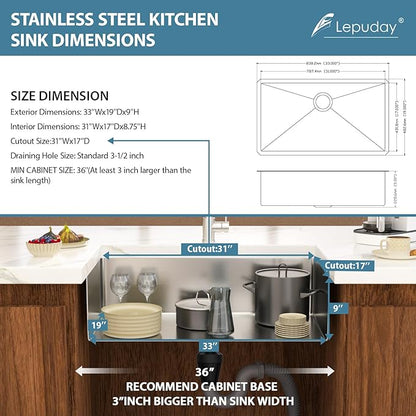 33 Inch Undermount Kitchen Sink Single Bowl 18 Guage Stainless Steel 33"x19"x9" Deep Under Counter Kitchen Sinks Basin R10 Round Corners Handmade Sink