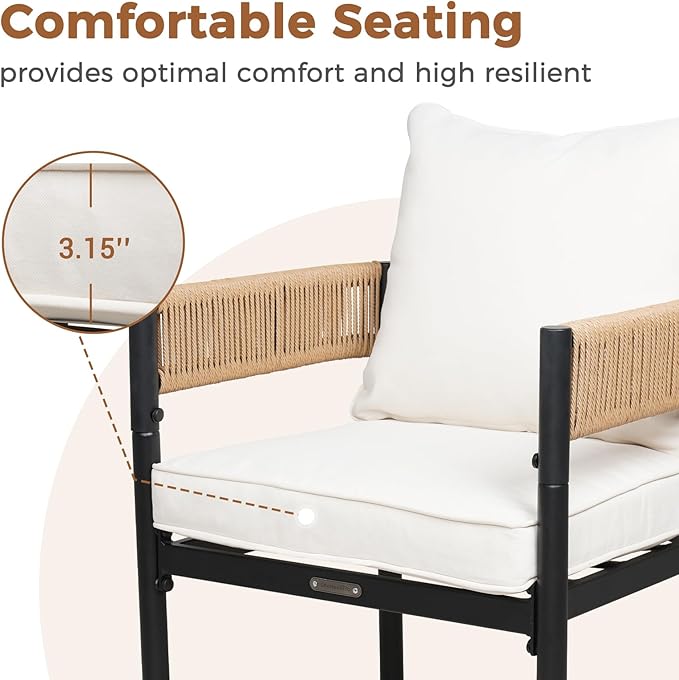 Grand patio 7-Piece Outdoor Dining Set for 6, Metal Woven Wicker Fixed Patio Chairs with Thickened Cushions & 1 Walnut-Like Aluminum Dining Table with Umbrella Hole for Backyard Deck