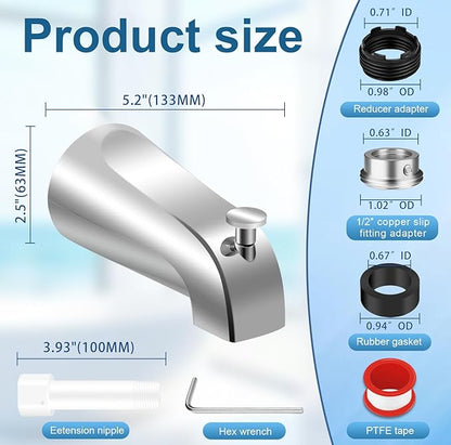 Universal Tub Spout for 1/2" Copper Pipe, 1/2" IPS and 3/4" IPS, Bathtub Spout with Diverter and Adapter and Hex Wrench (Chrome)