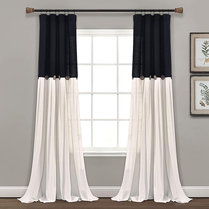 Lush Decor Linen Button Window Curtain Panel, Single, 40" W x 108" L, Black & White - Country Curtains - Rustic Decor - Color Block Modern Farmhouse Curtains For Living Room, Bedroom & Dining Room