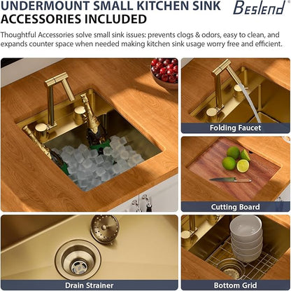 15 Inch Outdoor Undermount Bar Sink With Faucet and Cover - Beslend 15x18x9 Undermount Kitchen Sink Workstation 16 Gauge Stainless Steel Single Bowl Sinks Under Counter Indoor Outdoor Gold
