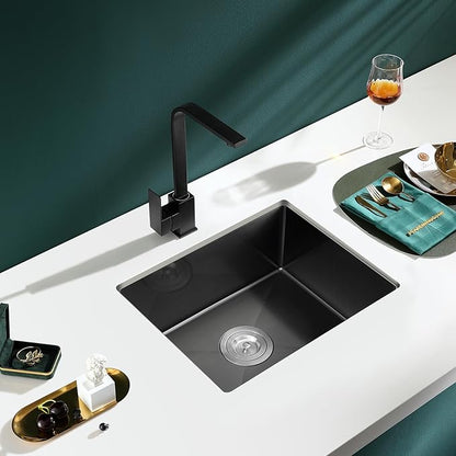 MENATT 20-Inch Undermount Kitchen Sink Black, 18 Gauge Handmade Stainless Steel Single Bowl Kitchen Sink Undermount (20x16x9 Inch)