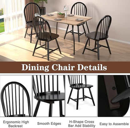 SIMOE Windsor Dining Chairs Set of 4, Farmhouse Wood Dining Chairs with Solid Wood Legs, Spindle Back Kitchen Chairs for Living Dining Room, Black