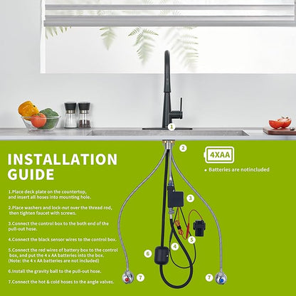 Tohlar Black Touchless Kitchen Faucet with Pull Down Sprayer, Stainless Steel Sensor Kitchen Faucet for Sink 3 Hole, Modern Single Handle Kitchen Sink Faucets with Deck Plate, Matte Black
