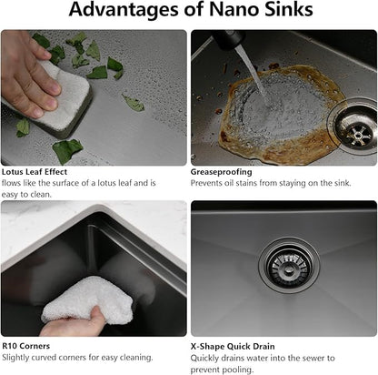 PEPO 33 Inch Black Undermount Kitchen Sink Workstation with Cutting Board & Accessories 16 Gauge Stainless Steel Hides Scratches NANO-PVD Finish 33x19x10 Deep Single Bowl