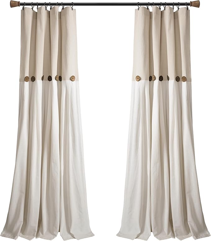 Lush Decor Linen Button Window Curtain Panel, Single, 40" W x 120" L, Linen - Country Curtains - Rustic Decor - Color Block Modern Farmhouse Curtains For Living Room, Bedroom & Dining Room