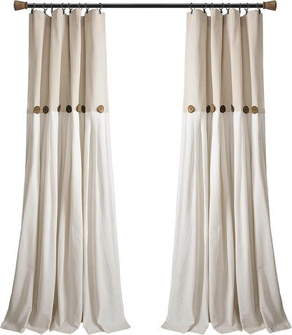 Lush Decor Linen Button Window Curtain Panel, Single, 40" W x 120" L, Linen - Country Curtains - Rustic Decor - Color Block Modern Farmhouse Curtains For Living Room, Bedroom & Dining Room