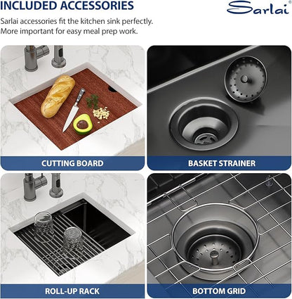 Sarlai 17 Black Undermount Bar Sink - 17 x 15 Inch Undermount Workstation Bar Prep Sink Gunmetal Black Under Mount Single Bowl Small Bar Outdoor 16 Gauge Stainless Steel RV Kitchen Sinks Basin