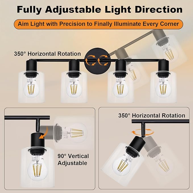HiBay 4-Light Black Track Lighting Fixture, Ceiling Wall Mount Rotatable Spotlight with Glass Shades, Modern Farmhouse Industrial Track Lights for Kitchen, Dining Room, Bathroom, E26 Base