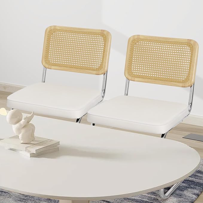 Velvet Upholstered Dining Chair Set of 6 Modern Breuer Designed Rattan Back Stainless Chrome Base Armless Dining Chairs for Kitchen Island, Restaurant,Apartment(White)