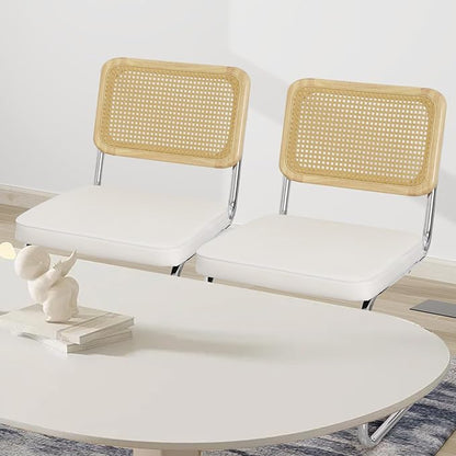 Velvet Upholstered Dining Chair Set of 2 Modern Breuer Designed Rattan Back Stainless Chrome Base Armless Dining Chairs for Kitchen Island, Restaurant,Apartment(White)