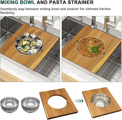 36x22 Inch Drop In Kitchen Sink - Workstation 16 Gauge 304 Stainless Steel Single Bowl Large Three-Holes Sink with Cup Washer, Mixing Bowl, Cutting Board, and Pasta Strainer #TLT-0045