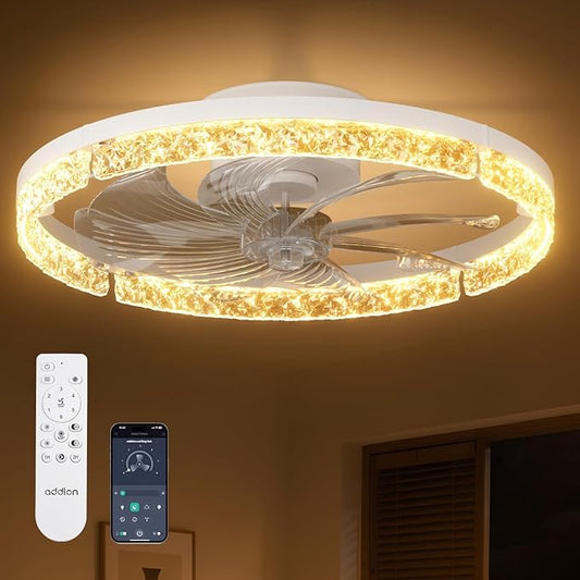 addlon Ceiling Fans with Lights and Remote, 20'' Low Profile Flush Mount Ceiling Fan, 3000–6000K Dimmable LED Fandelier, Bladeless Crystal Fan Light for Bedroom, Kitchen, Living Room, White