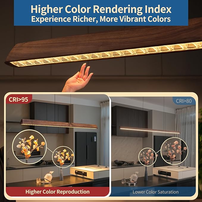 45" Wood Linear Pendant Light, Dimmable Kitchen Island Lighting with Remote, 30W LED Island Lights for Kitchen, Adjustable Linear Chandelier for Dinning Room Light Fixture, Bar, Pool Table - Walnut