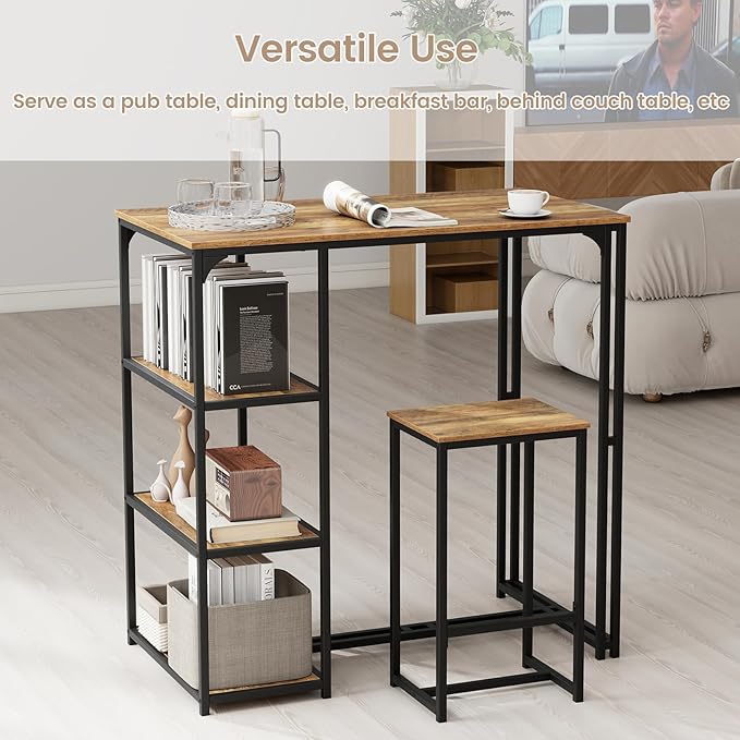 Giantex 3-Piece Dining Table Set for 2, Bar-Height Kitchen Table with 2 Stools, 3 Storage Shelves, Pub Table & Chairs Set for Small Place Apartment Living Room High Top Breakfast Nook Restaurant