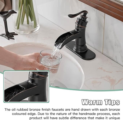 BWE Waterfall Bathroom Faucet Oil Rubbed Bronze Antique, Single-Handle One Hole Sink Faucet for Farmhouse Bath Vanity Lavatory Restroom, Solid Brass Construction