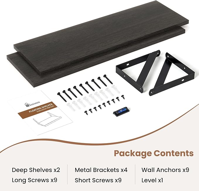 Axeman 24 Inch Black Floating Shelves | 8 Inch Deep Wall Shelves Set of 2 | 24''W x 8''D Rustic Black Wood Shelves for Bathroom Kitchen Living Room Bookshelf Home Office