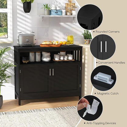 HAPPYGRILL Kitchen Buffet with Storage, Wooden Sideboard Storage Cupboard w/5-Position Adjustable Shelf, 2 Door and Large Tabletop, Buffet Server Cabinet Console Table for Entryway Dinging Room, Black