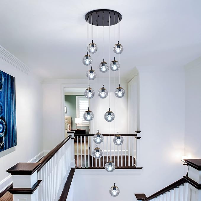 SZXYKEJI 16 Light Chandelier Mid Century Glass Globe Staircase Long Pendant Light Fixture Large Chandeliers for High Ceiling Light LED Bulbs for Living Room Foyer Hallway